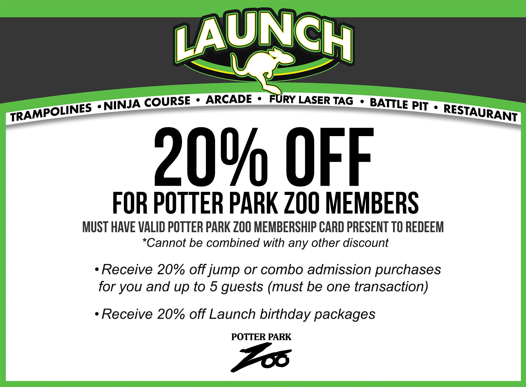 Launch 20% off coupon for Potter Park Zoo Members