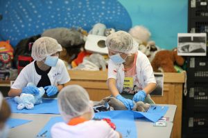 photo of kids in pretend doctor's clothes working on stuffed animals.