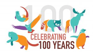 graphic with multi-colored animals that says "Celebrating 100 years."