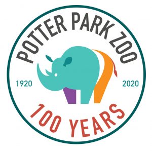 circular logo that says "Potter Park Zoo. 100 Years. 1920 - 2020." The center graphic is a multi-colored rhino.