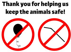 Graphic that says "Thank you for helping us keep the animals safe!" There is a no symbol over a balloon and a stick.